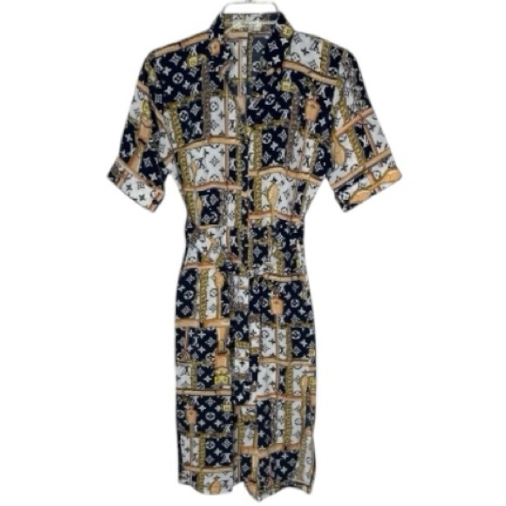 Zara Stylish Navy and Gold Patterned Dress. Size Small. - Picture 5 of 7